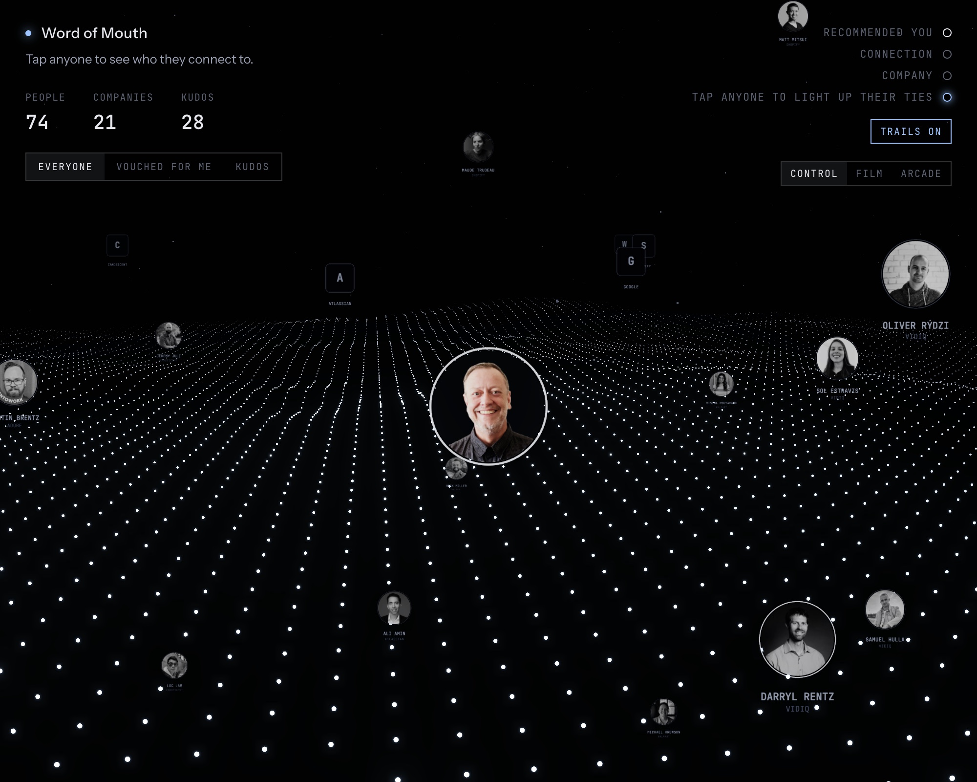 Word of Mouth, a dark 3D field of small profile photos with one person in the middle, a name and company beside each face, and counts for people, companies, and kudos.